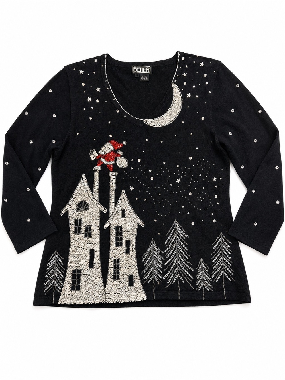 Berek 2 Christmas Sweater Santa Beaded Sequin Sz L Large Vintage Black Holiday